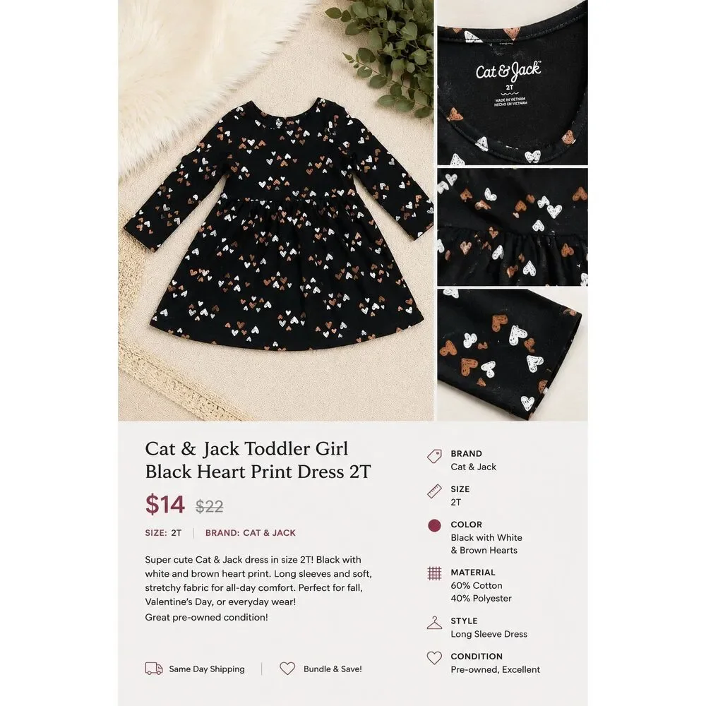 Cat & Jack Black Heart Print Dress 2T Toddler Girl Valentine Cottagecore